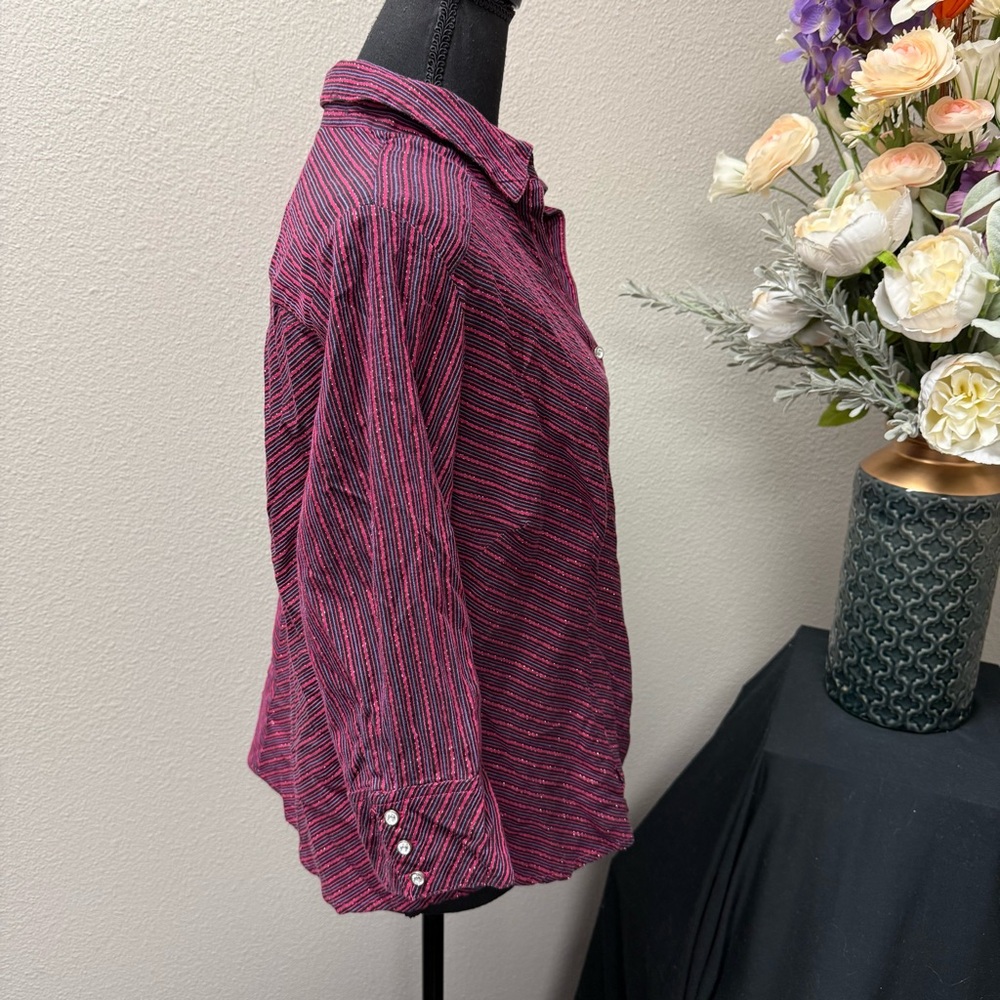 Pink Metallic Stripe Button-Down Shirt L | Quizz Again Stretch Top - Picture 4 of 8